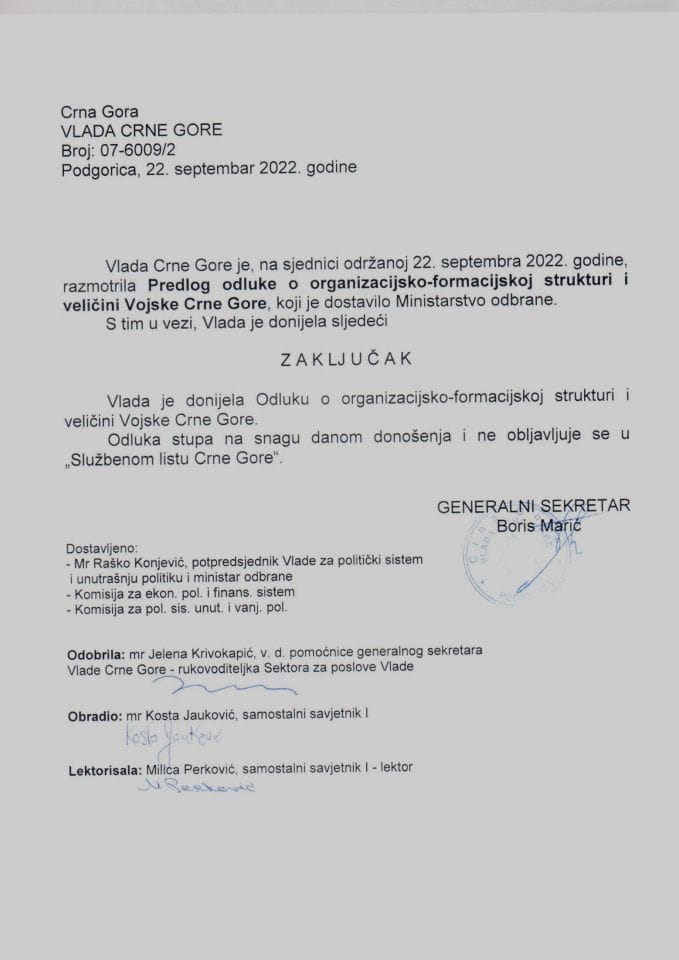Предлог одлуке о измјени Одлуке о организацијско-формацијској структури и величини Војске Црне Горе - закључци