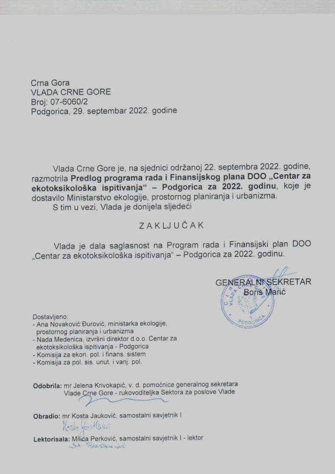 Predlog programa rada i Finansijskog plana DOO Centar za ekotoksikološka ispitivanja" - Podgorica za 2022. - zaključci