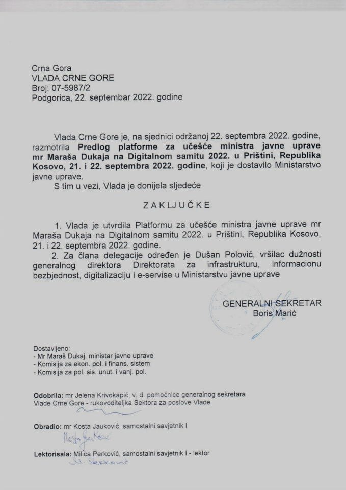 Предлог платформе за учешће министра јавне управе мр Мараш Дукаја, на  Дигиталном самиту 2022., Приштина, Република Косово, 21 - 22. септембра 2022. године - закључци