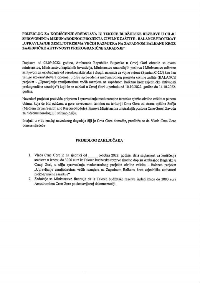 Predlog za korišćenje sredstva u iznosu do 3000 eura iz Tekuće budžetske rezerve u cilju sprovođenja međunarodnog projekta civilne zaštite Balance projekat