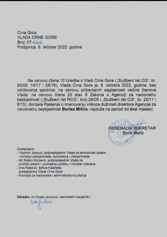 Predlog za imenovanje vršioca dužnosti direktora Agencije za nacionalnu bezbjednost - zaključci