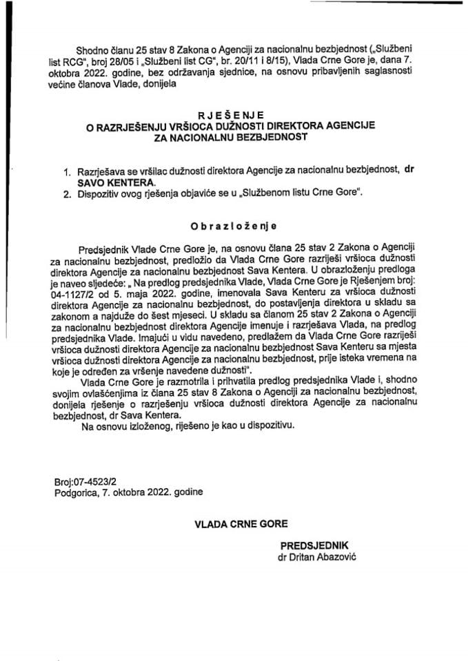 Предлог за разрјешење вршиоца дужности директора Агенције за националну безбједност
