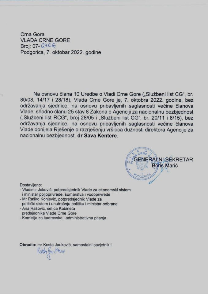 Predlog za razrješenje vršioca dužnosti direktora Agencije za nacionalnu bezbjednost - zaključci