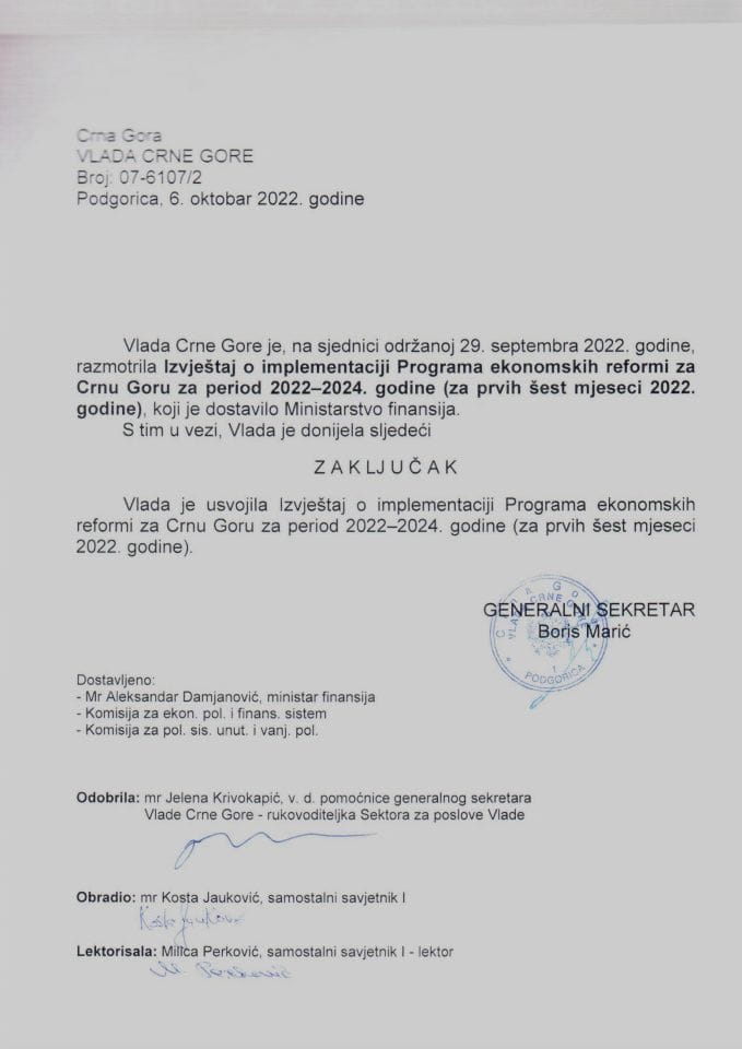 Извјештај о имплементацији Програма економских реформи за Црну Гору за период 2022-2024. година (за првих шест мјесеци 2022. године) - закључци