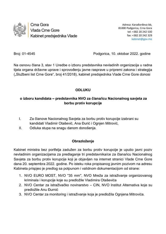 Одлука о избору кандидата – представника НВО за члана/ицу Националног савјета за борбу против корупције