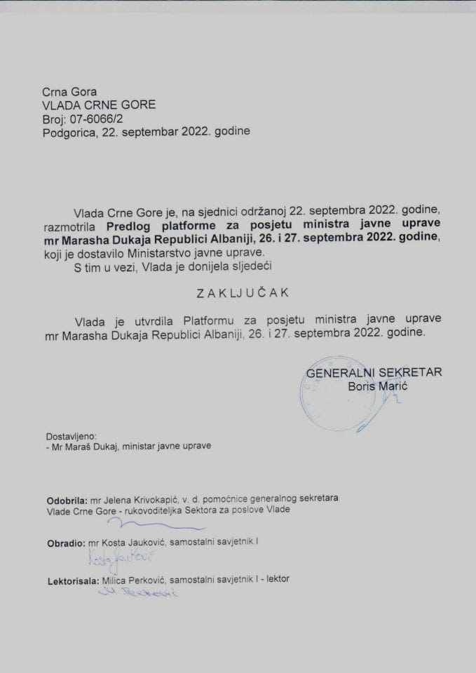 Predlog platfrome za posjetu ministra javne uprave mr Marash Dukaja Republic Albaniji, 26. i 27. septembra 2022. godine