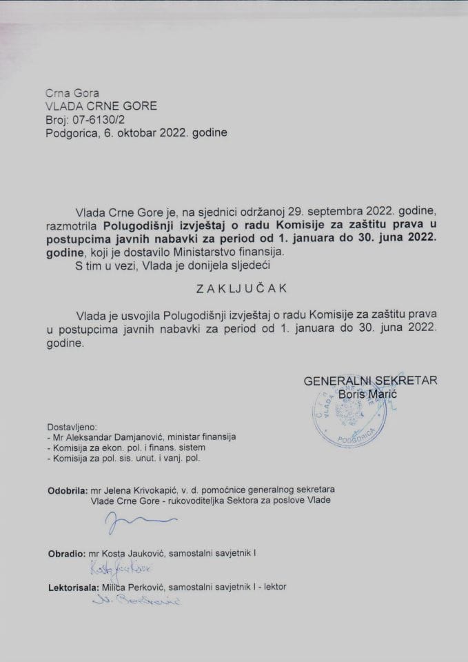 Полугодишњи звјештај о раду Комисије за заштиту права у поступцима јавних набавки за период од 1. јануара до 30. јуна 2022. године - закључци