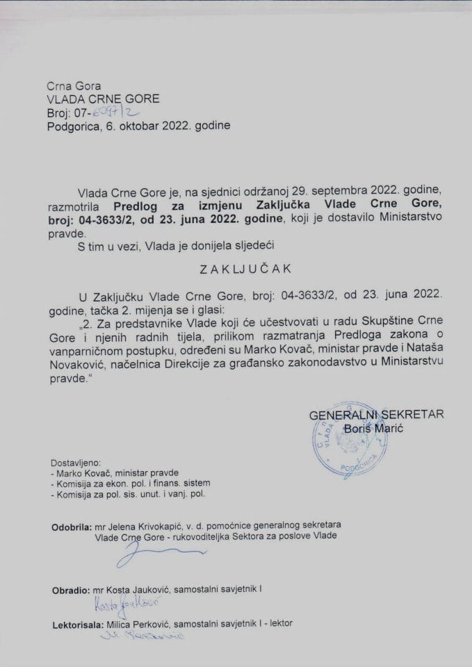 Predlog za izmjenu Zaključka Vlade Crne Gore, broj: 04-3633/2, od 23. juna 2022. godine - zaključci