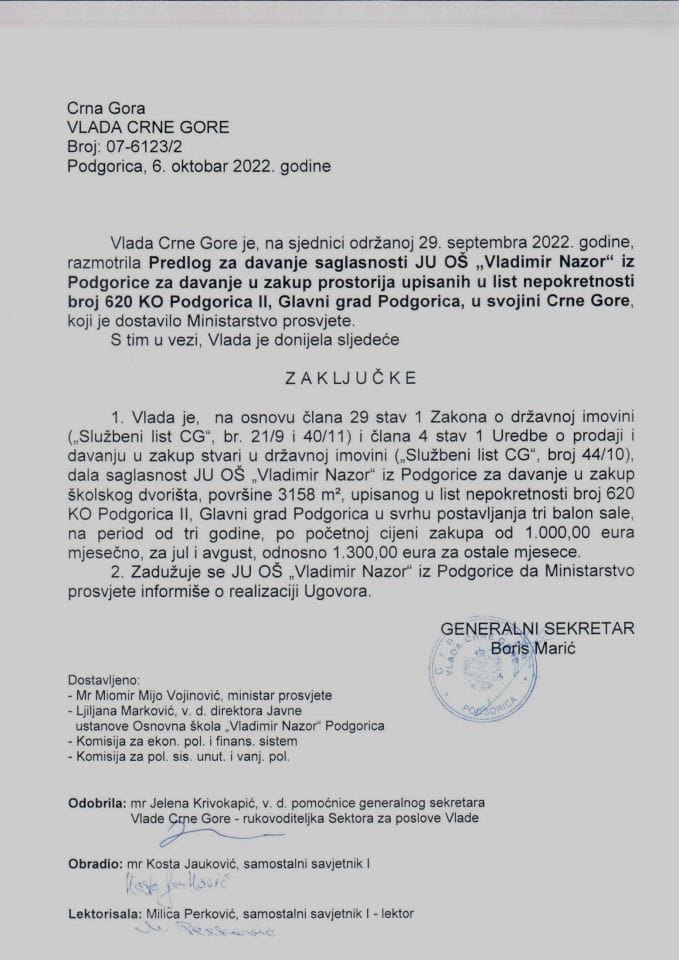 Predlog za davanje saglasnosti JU OŠ „Vladimir Nazor“ iz Podgorice, za davanje u zakup prostorija upisanih u list nepokretnosti broj 620 KO Podgorica II, Glavni grad Podgorica, u svojini Crne Gore - zaključci
