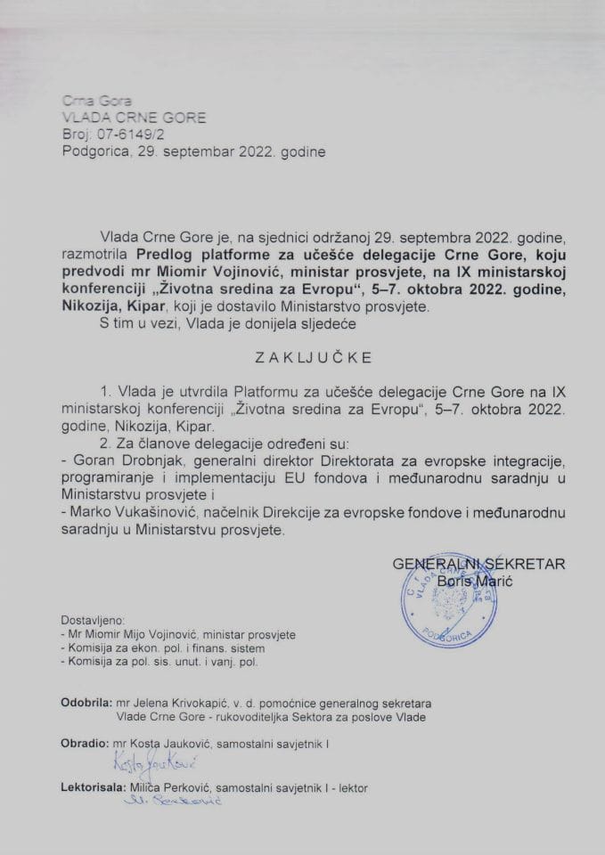 Предлог платформе за учешће делегације Владе Црне Горе, коју предводи мр Миомир Војиновић, министар просвјете, на IX Министарској конференцији „Животна средина за Европу“, 5. – 7. октобра 2022., Никозија, Кипар - закључци