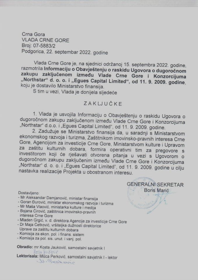 Informacija o Obavještenju o raskidu Ugovora o dugoročnom zakupu zaključenom između Vlade Crne Gore i konzorcijuma, "Northstar" d.o.o. i ,,Eques Capital Limited" od 11.9.2009. godine