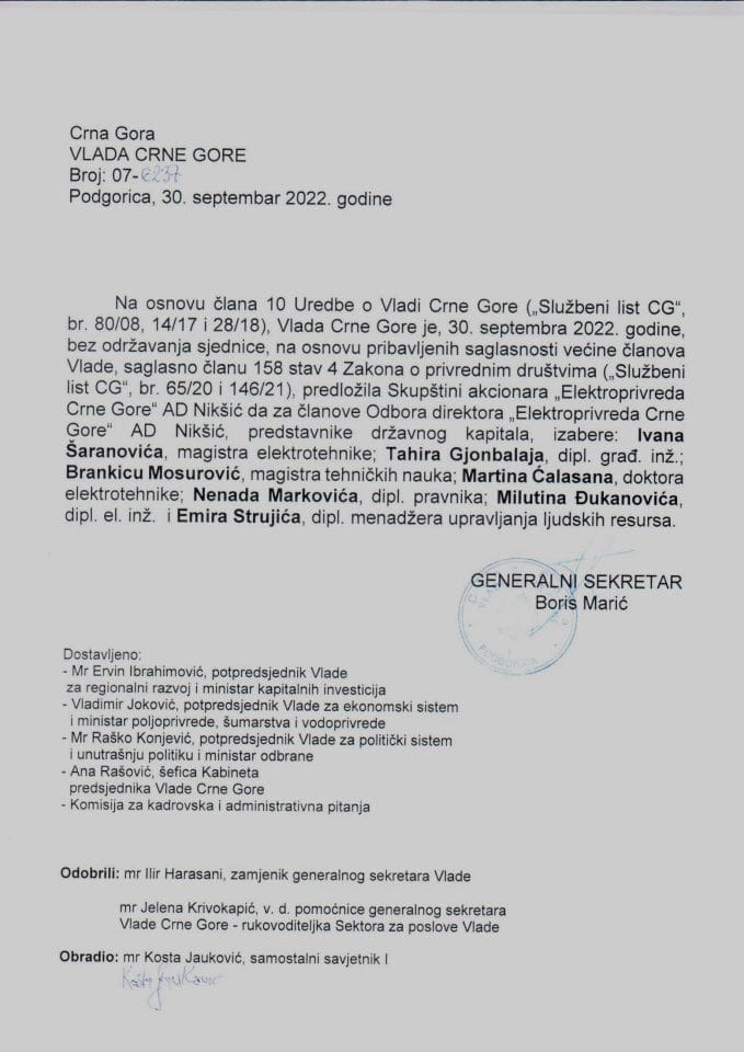 Predlog za izbor članova Odbora direktora „Elektroprivreda Crne Gore“ AD Nikšić - zaključci