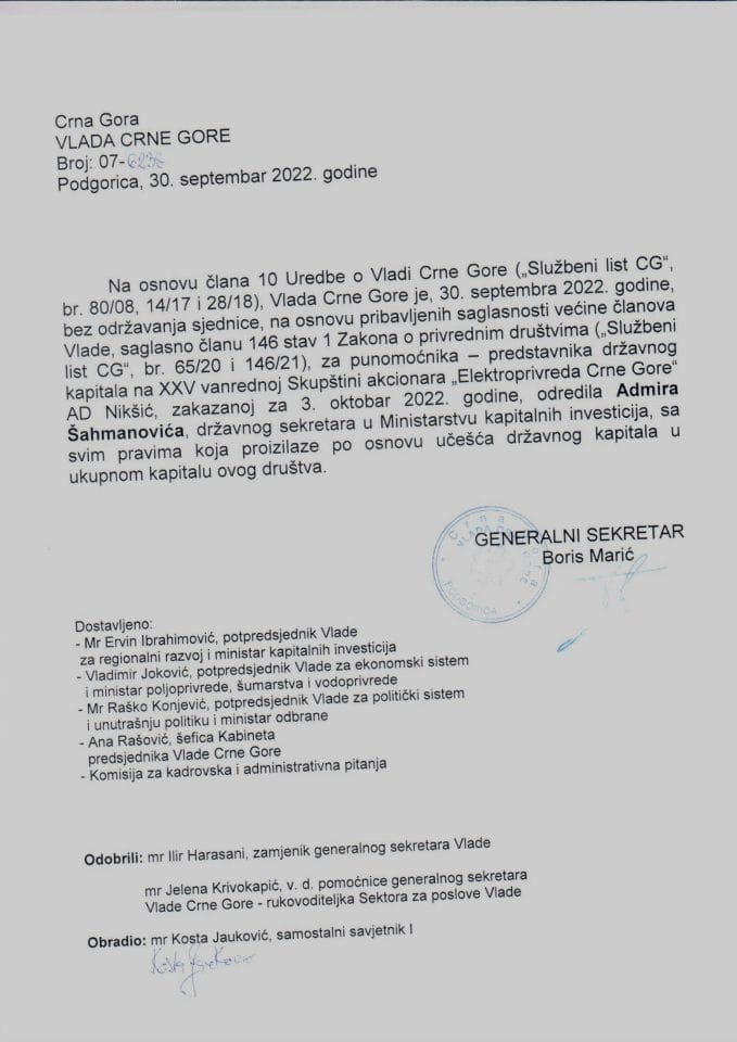 Predlog za određivanje punomoćnika-predstavnika državnog kapitala na XXV vanrednoj sjednici Skupštine akcionara Elektroprivrede Crne Gore AD Nikšić - zaključci