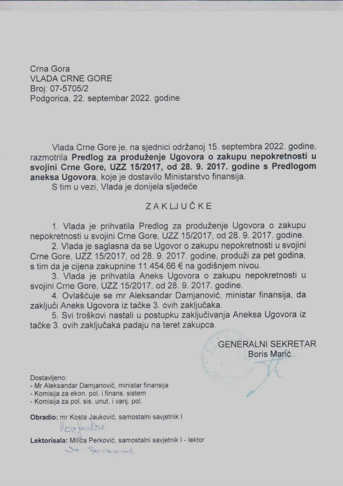 Predlog za produženje ugovora o zakupu nepokretnosti u svojini Crne Gore, UZZ 15/2017 od 28. 09. 2017. godine - zaključci