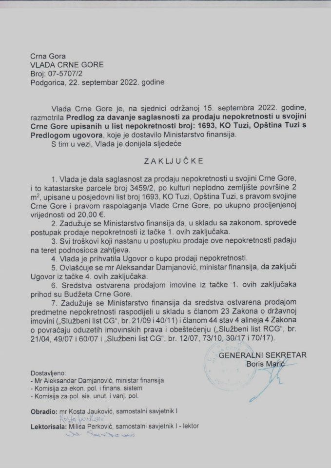 Predlog za davanje saglasnosti za prodaju nepokretnosti u svojini Crne Gore, upisane u list nepokretnosti broj 1693, KO Tuzi, Opština Tuzi s Predlogom ugovora o kupoprodaji nepokretnosti - zaključci