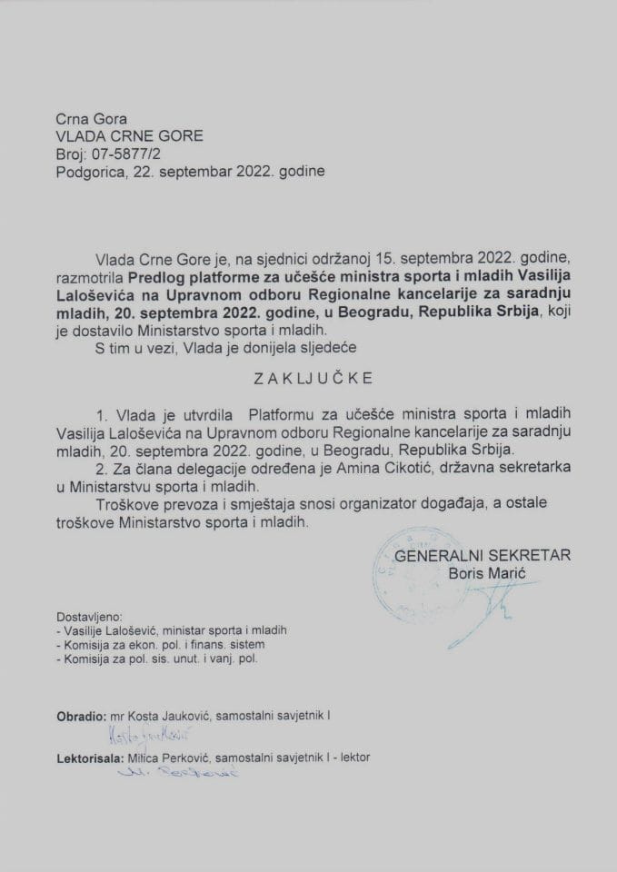 Predlog platforme za učešće ministra sporta i mladih Vasilija Laloševića na Upravnom odboru Regionalne kancelarije za saradnju mladih, 20. septembra 2022. godine, u Beogradu, Republika Srbija - zaključci