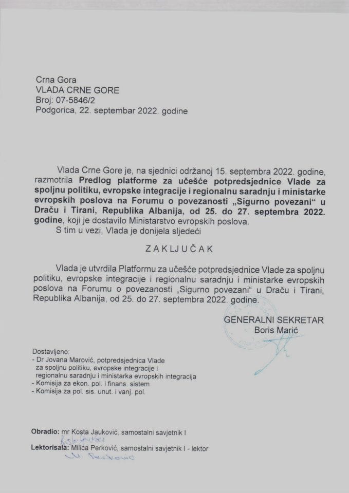 Predlog platforme za učešće potpredsjednice Vlade na Forumu o povezanosti „Sigurno povezani" u Draču i Tirani, Republika Albanija, od 25. do 27. septembra 2022. godine - zaključci