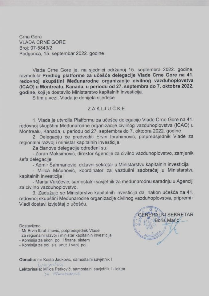 Predlog platforme za učešće delegacije Vlade Crne Gore na 41. Redovnoj skupštini Međunarone organizacije civilnog vazduhoplovstva (ICAO) u Montrealu, Kanada, u periodu od 27. septembra do 7. oktobra 2022. godine - zaključci