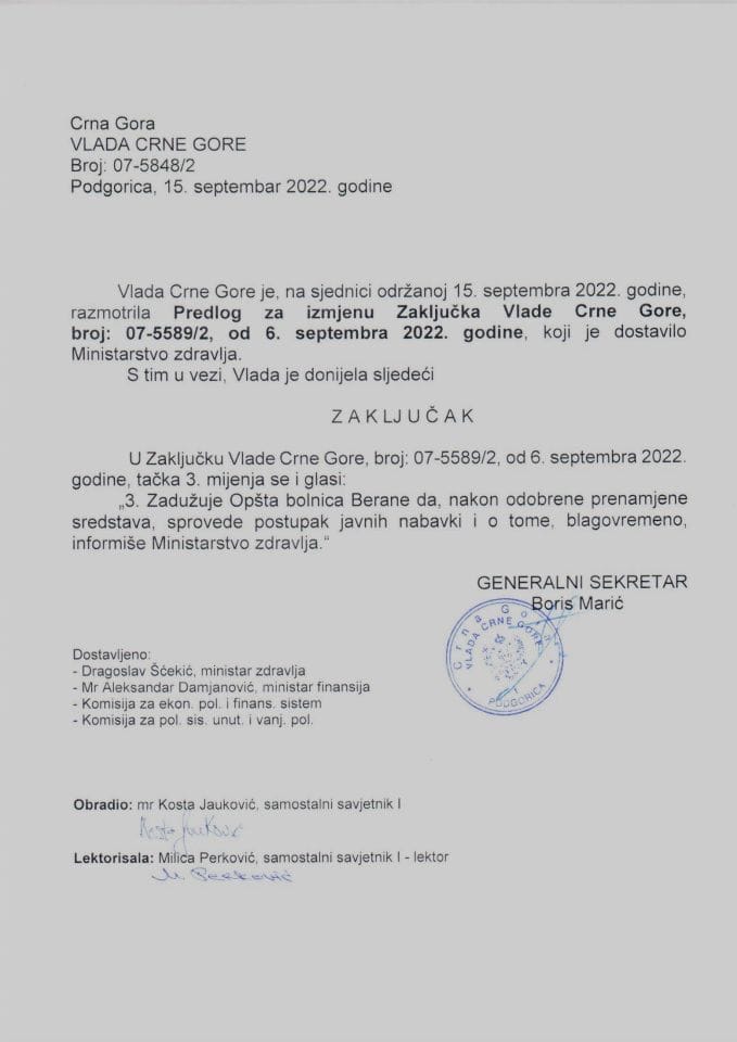 Predlog za izmjenu Zaključka Vlade Crne Gore, broj: 07-5589/2, od 6. septembra 2022. godine - zaključci