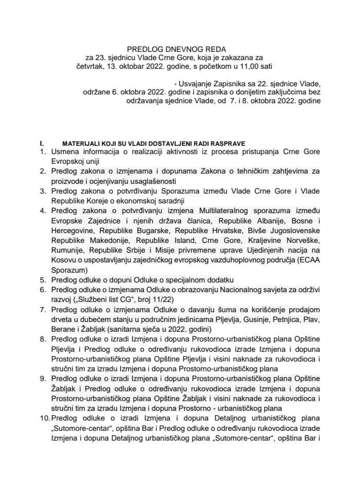 Predlog dnevnog reda za 23. sjednicu Vlade Crne Gore