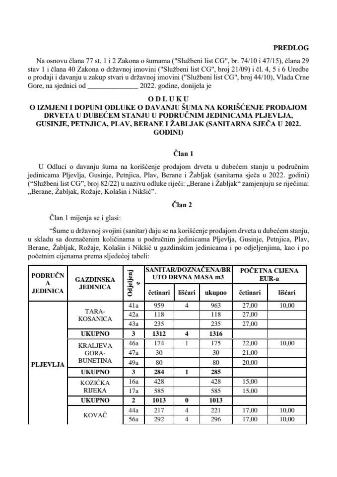 Predlog odluke o izmjenama Odluke o davanju šuma na korišćenje prodajom drveta u dubećem stanju u područnim jedinicama Pljevlja, Gusinje, Petnjica, Plav, Berane i Žabljak (sanitarna sječa u 2022. godini)