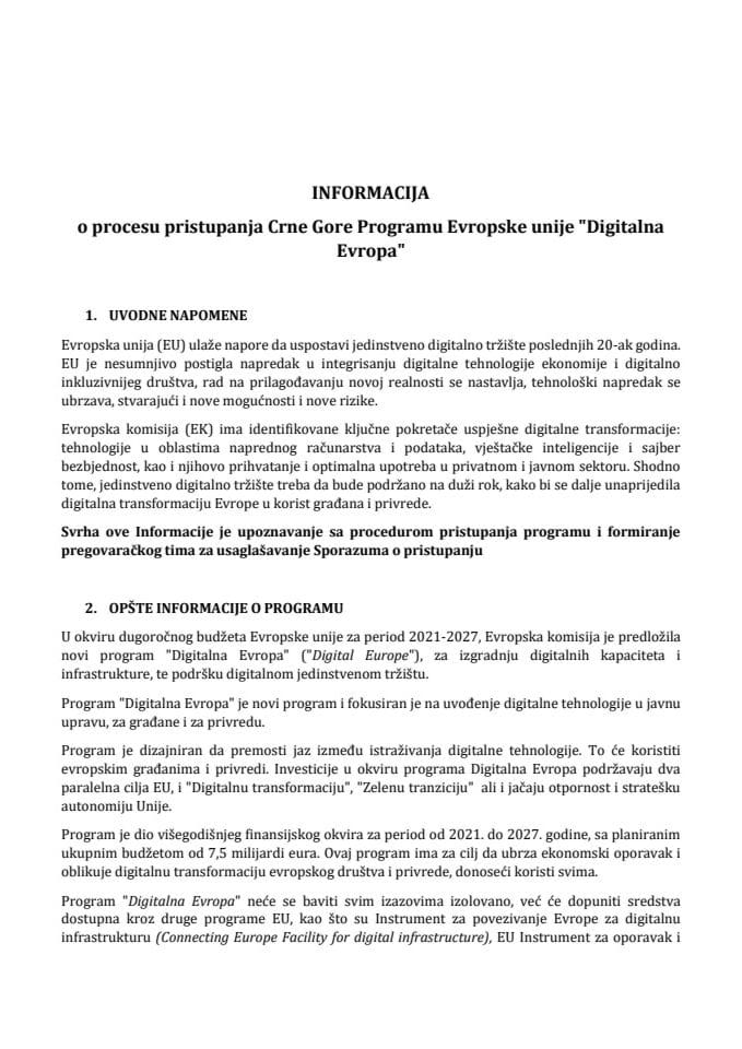 Informacija o procesu pristupanja Crne Gore Programu Evropske unije „Digitalna Evropa“ ("Digital Europe")