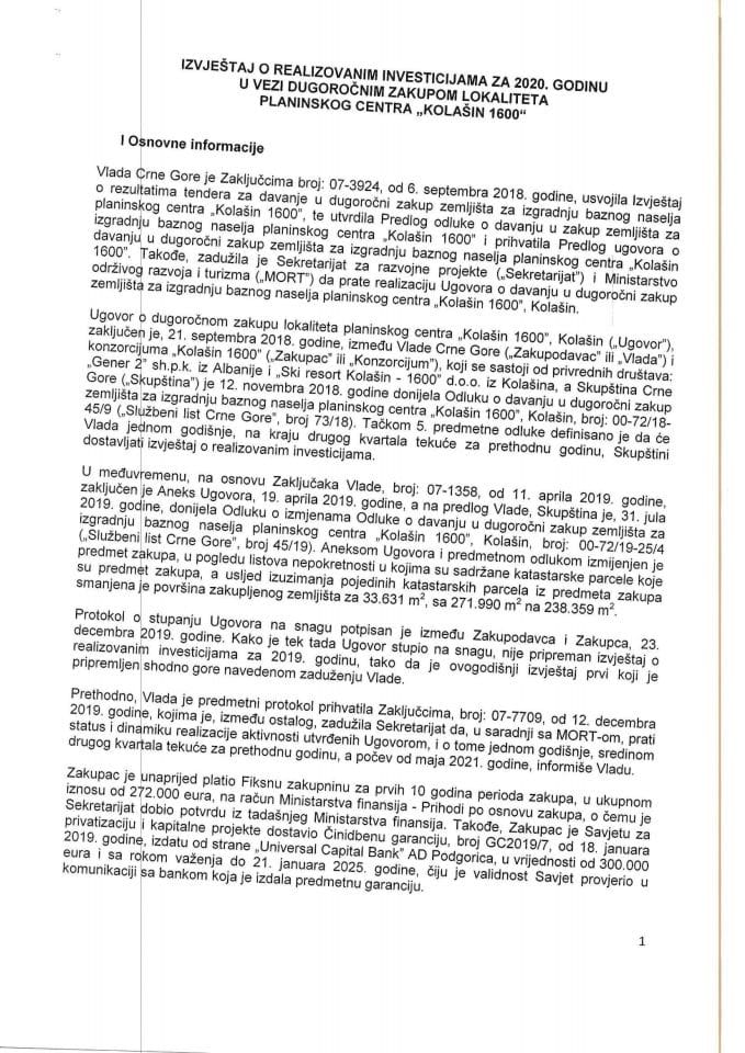 Izvještaj o realizovanim investicijama za 2020. i 2021. godinu u vezi sa dugoročnim zakupom lokaliteta planinskog centra „Kolašin 1600“