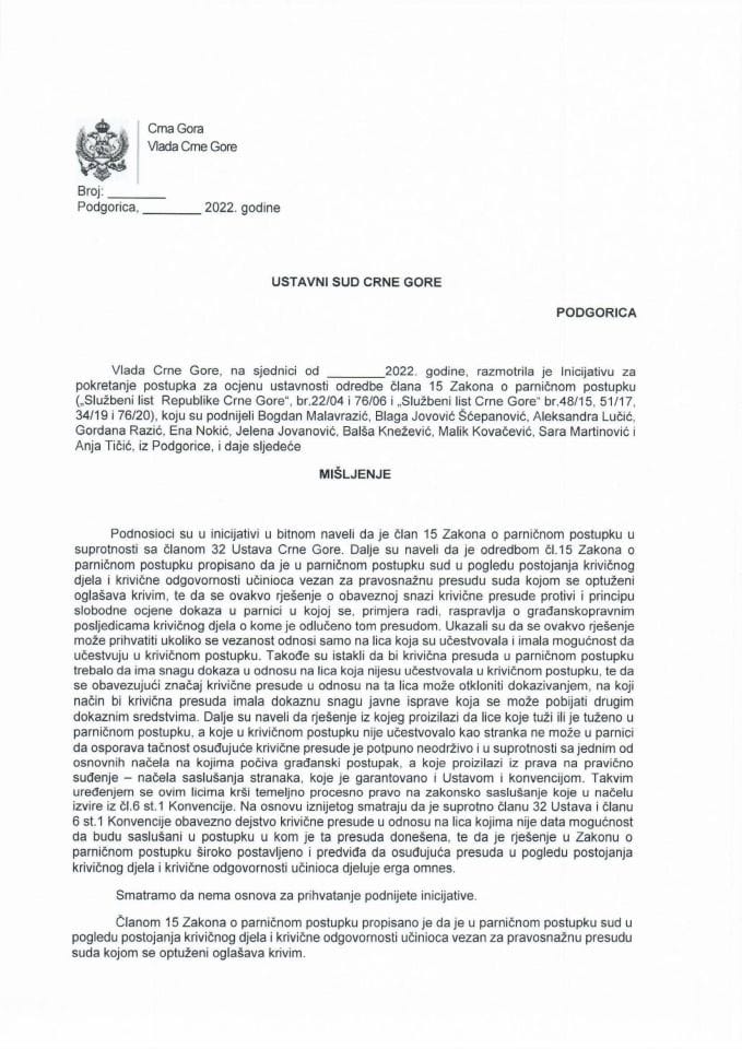 Predlog mišljenja na Inicijativu za pokretanje postupka za ocjenu ustavnosti odredbe člana 15 Zakona o parničnom postupku („Službeni list Republike CG“, br. 22/04 i 76/06 i „Službeni list CG“, br. 48/15, 51/17, 34/19 i 76/20)