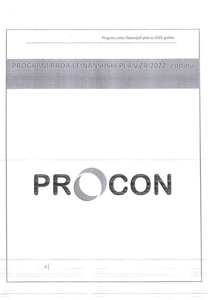 Predlog programa rada i finansijskog plana DOO „Project-Consulting“ za 2022. godinu