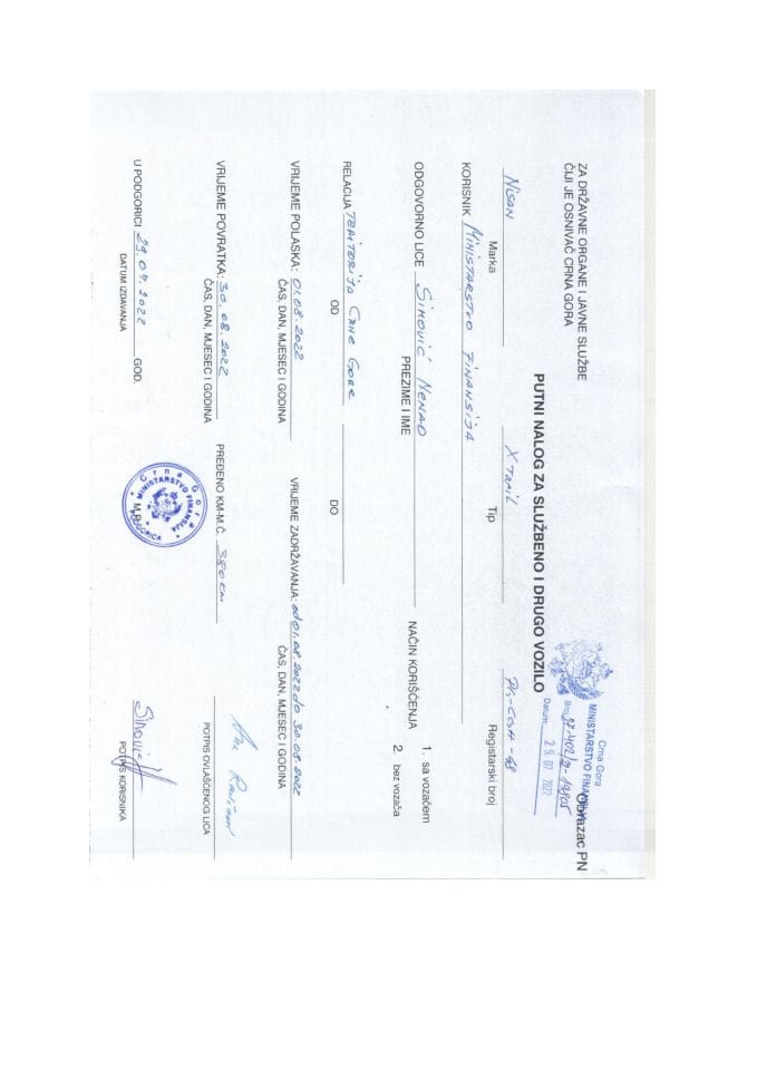 Putni nalozi za kontrolu upotrebe službenih i drugih vozila i potrošnja goriva, Ministatstvo finansija, avgust, PG CG H48