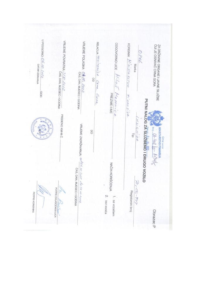 Putni nalozi za kontrolu upotrebe službenih i drugih vozila i potrošnja goriva, Ministarstvo finansija, oktobar, PG CG 777