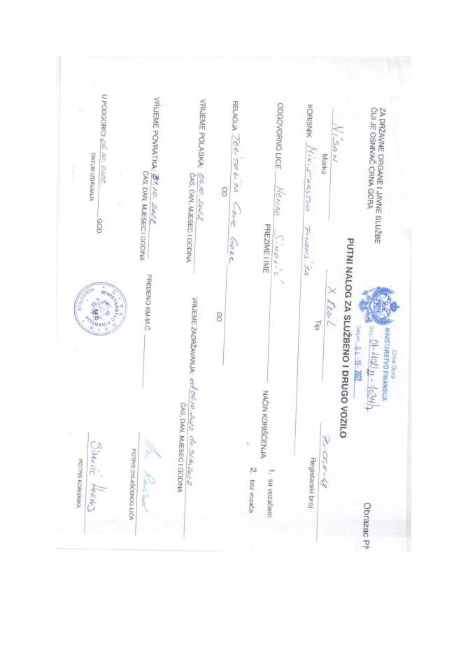 Putni nalozi za kontrolu upotrebe službenih i drugih vozila i potrošnja goriva, Ministarstvo finansija, oktobar, PG CG H48