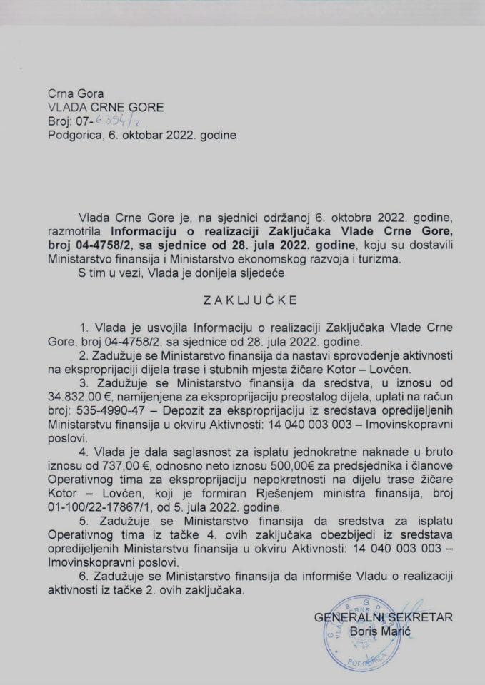 Informacija o realizaciji zaključaka Vlade Crne Gore, broj: 04-4758/2, sa sjednice  od 28. jula 2022. godine - zaključci