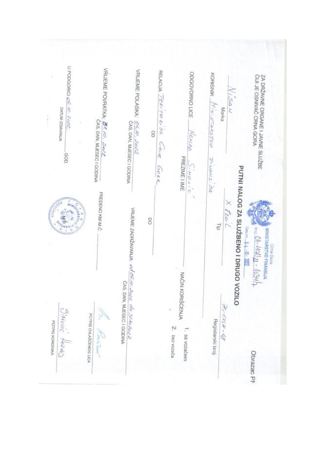 Putni nalozi za kontrolu upotrebe službenih i drugih vozila i potrošnja goriva, oktobar, Ministarstvo finansija, PG CG H48