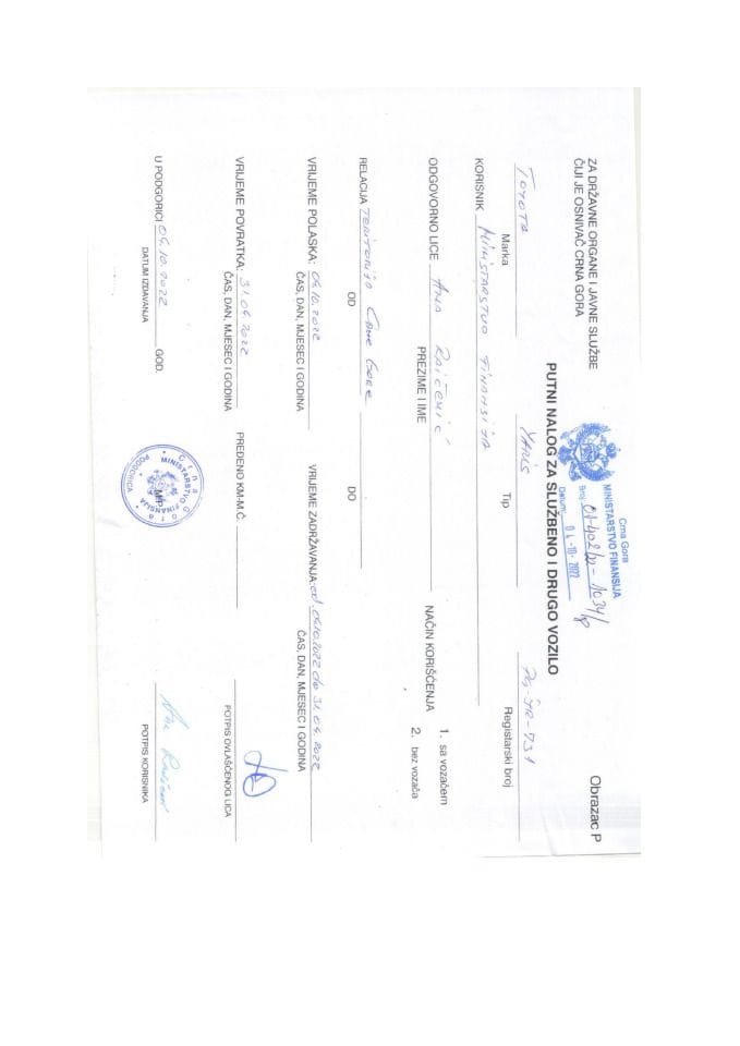 Putni nalozi za kontrolu upotrebe službenih i drugih vozila i potrošnja goriva, oktobar, Ministarstvo finansija, PG JR 731