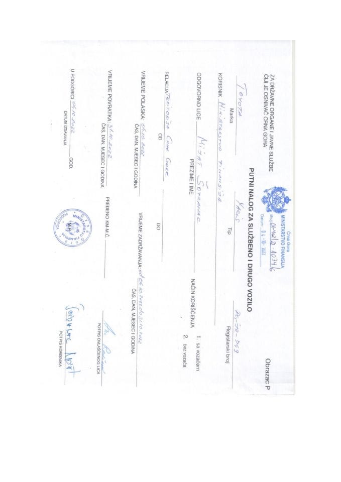 Putni nalozi za kontrolu upotrebe službenih i drugih vozila i potrošnja goriva, oktobar, Ministarstvo finansija, PG JR 749