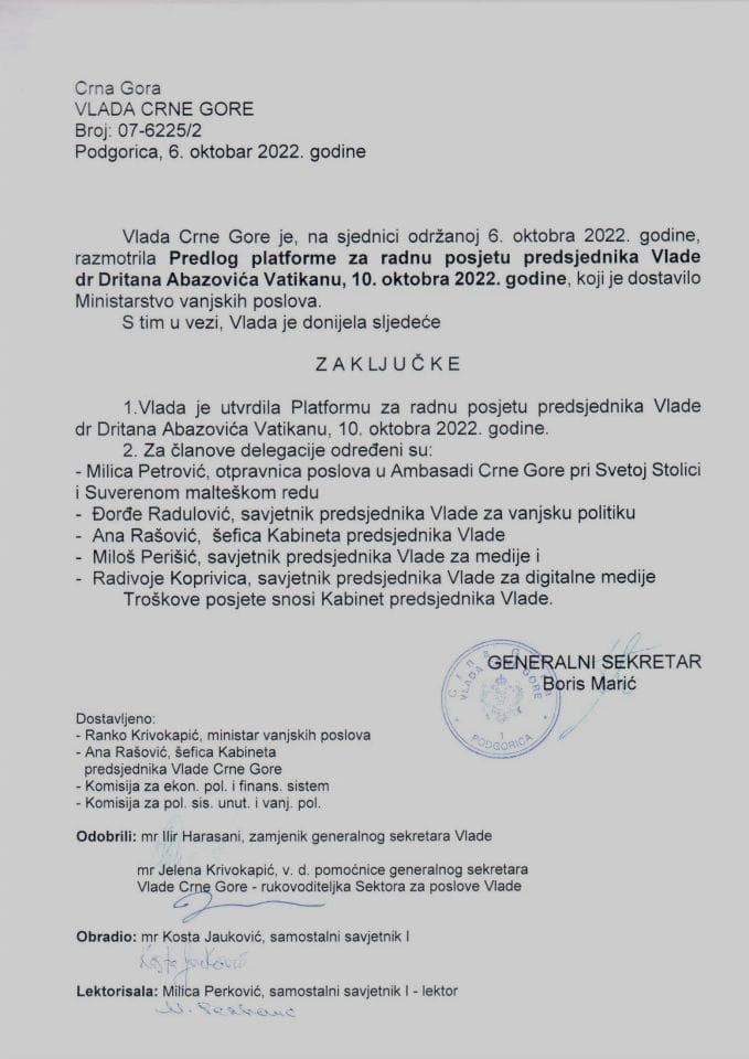 Предлог платформе за радну посјету предсједника Владе др Дритана Абазовића  Ватикану, 10. октобра 2022. године - закључци