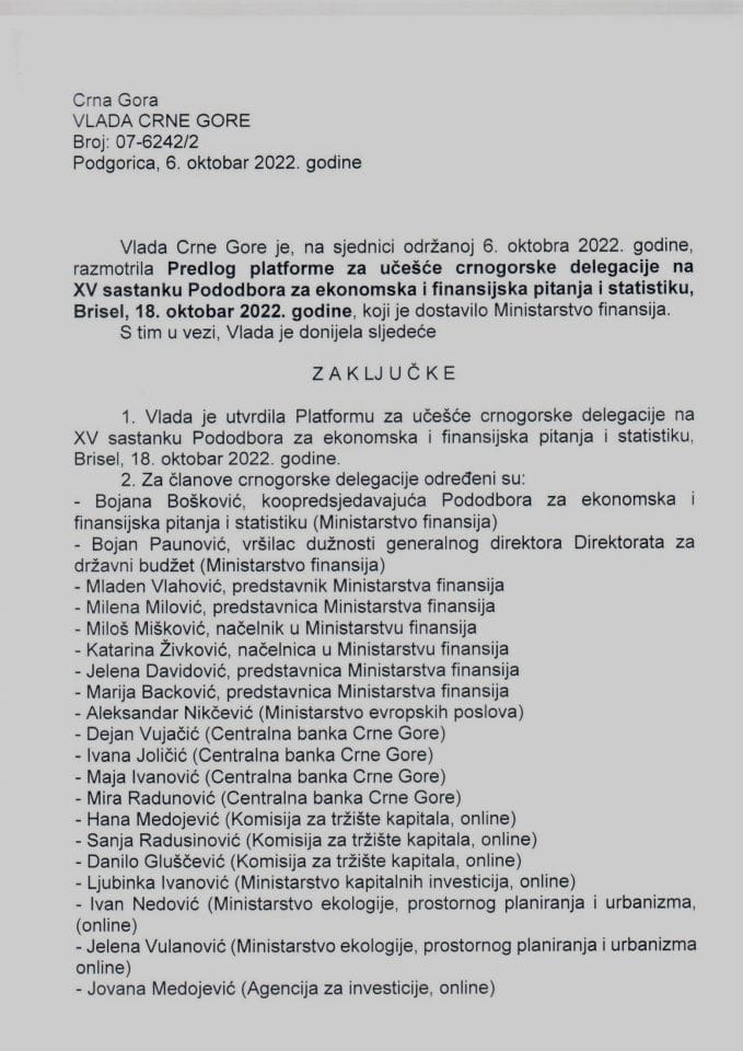Predlog platforme za učešće crnogorske delegacije na XV sastanku Pododbora za ekonomska i finansijska pitanja i statistiku, Brisel, 18. oktobra 2022. godine - zaključci
