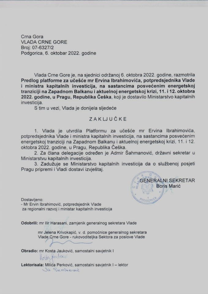 Predlog platforme za učešćeb mr Ervina Ibrahimovića, potpredsjednika Vlade, na sastancima posvećenim energetskoj tranziciji na Zapadnom Balkanu i aktuelnoj energetskoj krizi - zaključci