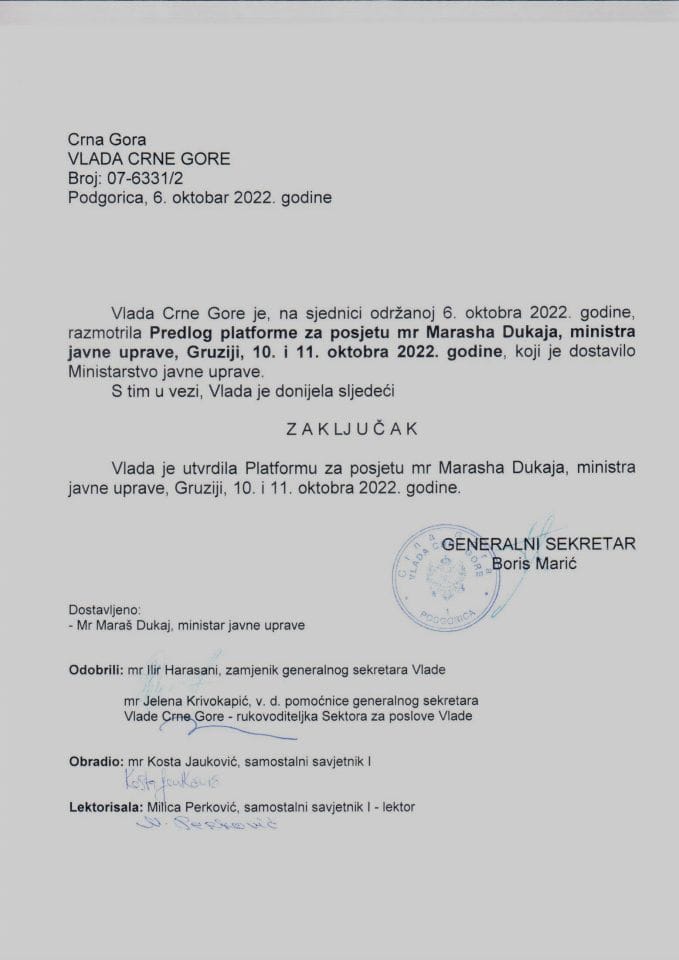 Предлог платформе за посјету мр Марасх Дукаја, министра јавне управе, Грузији, 10. и 11. октобра 2022. године - закључци