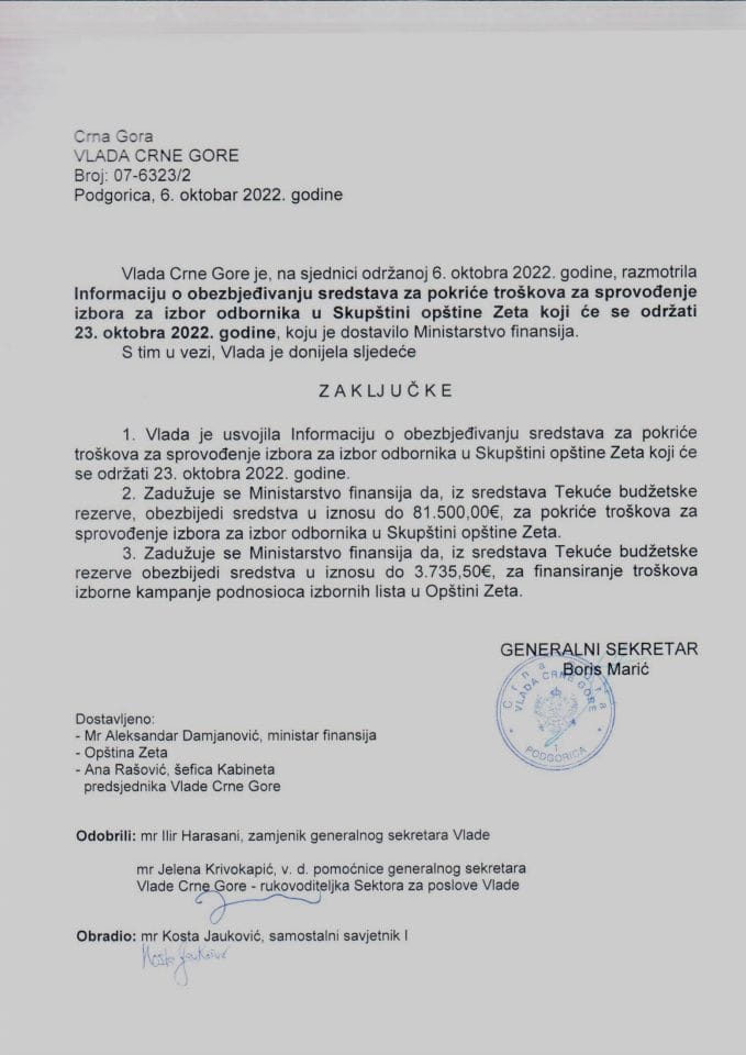 Informacija o obezbjeđivanju sredstava za pokriće troškova za sprovođenje izbora za izbor odbornika u Skupštini opštine Zeta koji će se održati 23. oktobra 2022. godine - zaključci