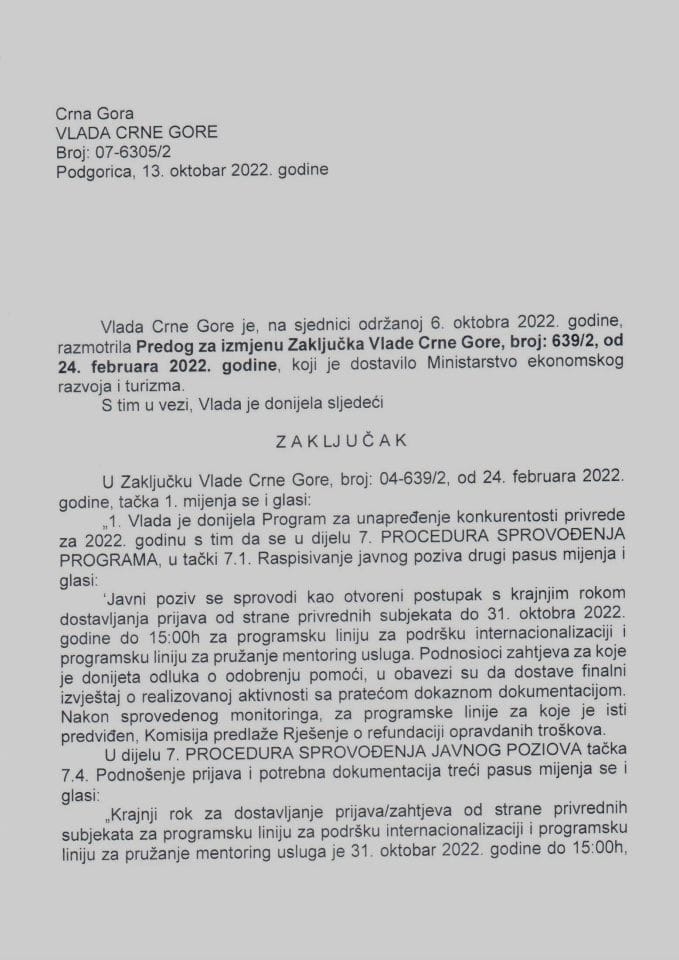 Предлог за измјену Закључка Владе Црне Горе, број: 04-639/2, од 24. фебруара 2022. године - закључци