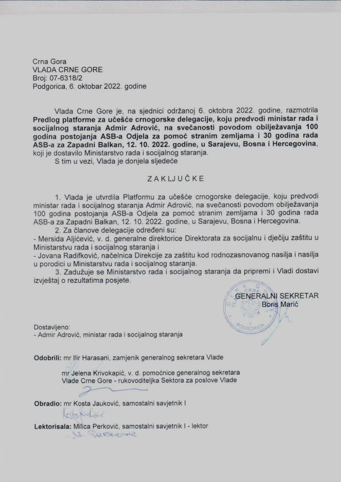Предлог платформе за учешће црногорске делегације на свечаности поводом обиљежавања 100 година постојања АСБ-а одјела за помоћ страним земљама и 30 година рада АСБ-а за ЗБ, 12.10.2022. године, у Сарајеву - закључци