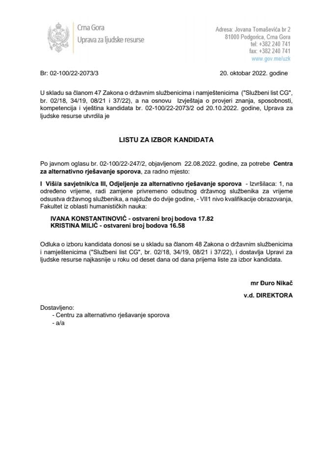 LISTA ZA IZBOR KANDIDATA