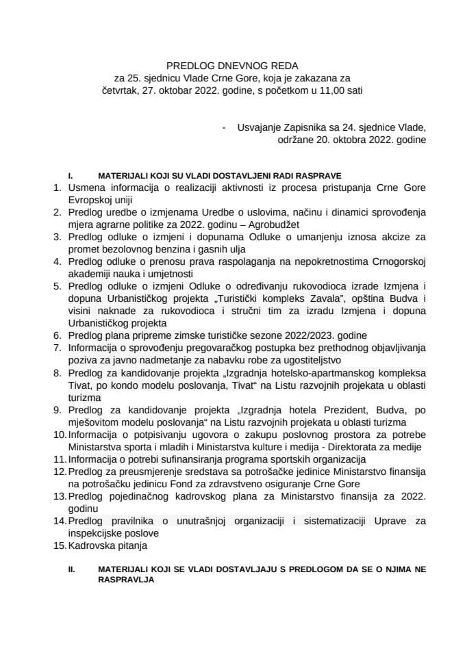 Predlog dnevnog reda za 25. sjednicu Vlade Crne Gore