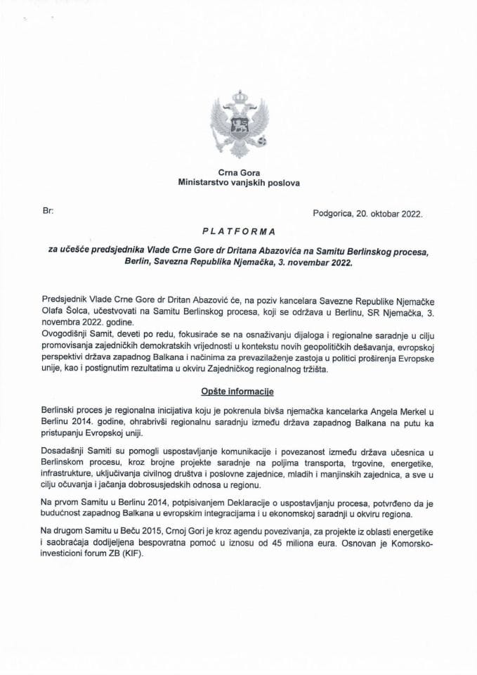 Predlog platforme za učešće predsjednika Vlade Crne Gore dr Dritana Abazovića na Samitu Berlinskog procesa, Berlin, Savezna Republika Njemačka, 3. novembar 2022. godine