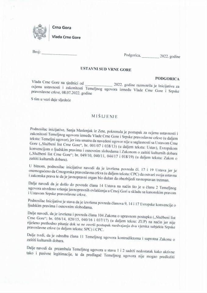 Predlog mišljenja na Inicijativu za pokretanje postupka za ocjenu ustavnosti i zakonitosti Temeljnog ugovora između Crne Gore i Srpske Pravoslavne Crkve od 08.07.2022. godine
