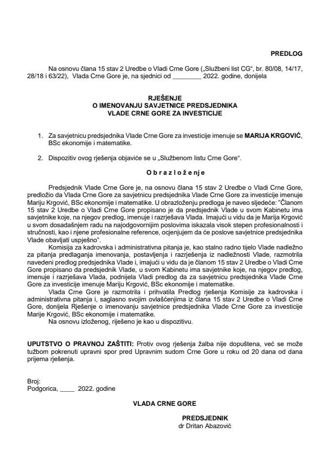 Predlog za imenovanje savjetnice predsjednika Vlade Crne Gore