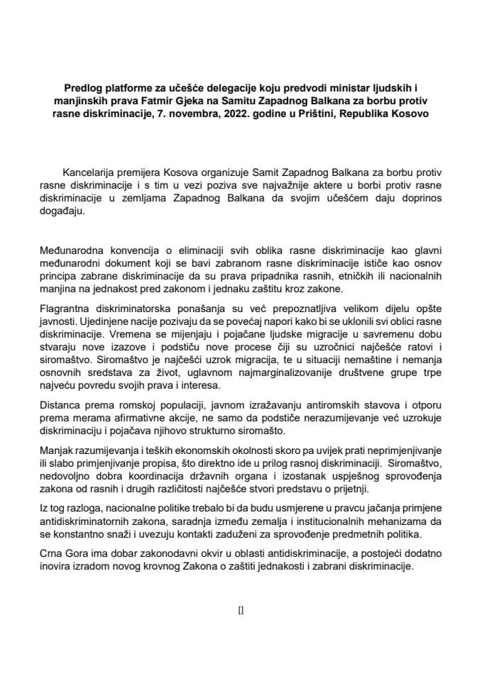 Предлог платформе за учешће делегације коју предводи министар Фатмир Гјека на Самиту Балкана за борбу против расне дискриминације 7. новембар 2022. године, у Приштини, Република Косово