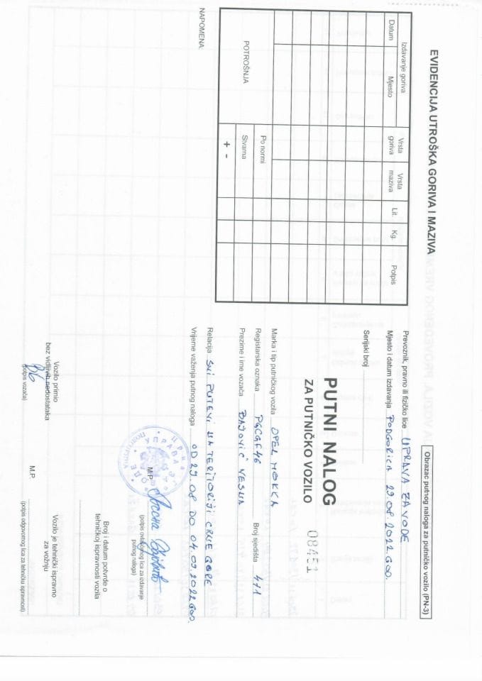 Путни налог за  коришћење службеног возила ПГЦГФ46 за период од 29.08. - 04.09.2022.г.